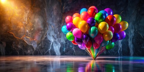 Aufkleber - A vibrant cluster of colorful balloons against a dark, textured backdrop, illuminated by a warm spotlight, casting a luminous glow on the reflective surface.