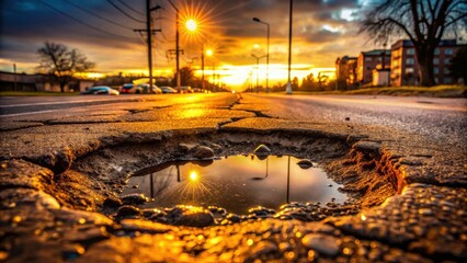 Poster - A golden sunset casts its glow on a pothole reflecting the light like a miniature mirror on a forgotten road.