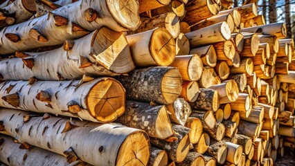 Poster - A Stack of Birch Logs, Their Bark Showing a White Background with Patches of Brown and Their Center Showing a Beautiful Golden Hue in the Warm Sunlight