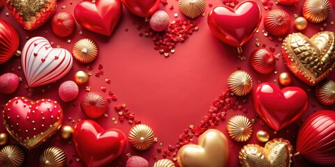 Poster - Valentine's Day Hearts and Ornaments on Red Background