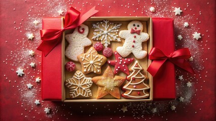 Poster - A beautifully decorated red gift box filled with freshly baked Christmas cookies, decorated with icing and sprinkles, on a red background with scattered white stars and powder sugar.