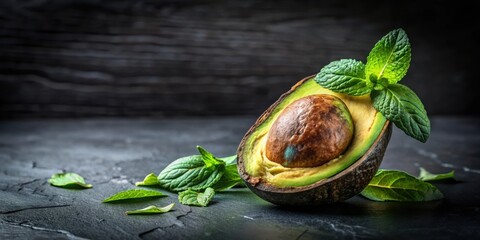 Poster - A single avocado half, sliced open, revealing a brown seed and creamy flesh, is displayed on a black surface, adorned with fresh sprigs of mint leaves.