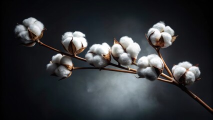Fototapete - A delicate branch of cotton blossoms against a dark backdrop, their fluffy white blooms catching the light and casting soft shadows