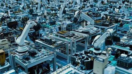 Poster - Advanced Robotic Arms Assembling Computer Components in a High-Tech Manufacturing Facility with Precision and Efficiency
