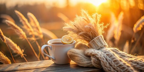 Aufkleber - A mug of tea with a lemon slice, nestled beside a cozy knitted scarf, bathed in the warm glow of the setting sun.