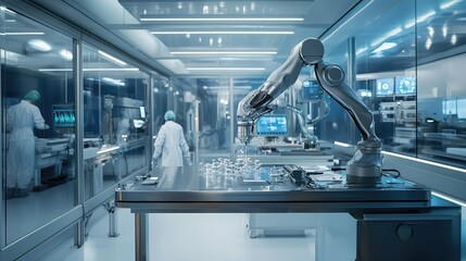 Poster - Advanced Robotic Arm in a High-Precision Medical Device Assembly Environment Highlighting Precision Engineering and Innovative Technology in Action