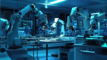 Poster - Advanced Robotic Arms in a High-Precision Assembly Line for Medical Devices, Demonstrating Cutting-Edge Technology in a High-Tech Laboratory Environment