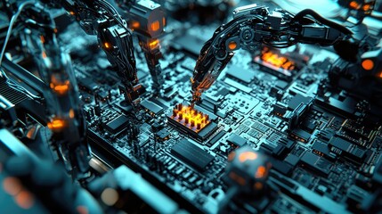 Poster - Advanced Robotic Arms Assembling Computer Components on a High-Tech Circuit Board with Glowing Lights Showcasing Automation in Manufacturing and Technology
