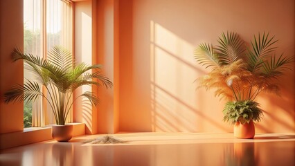 Poster - Sunlight filtering through a window creates a warm and inviting atmosphere in a room with two potted palm trees