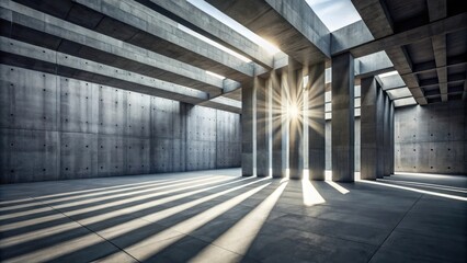 Fototapete - Sunlight streams through the concrete framework, casting long shadows on the empty floor