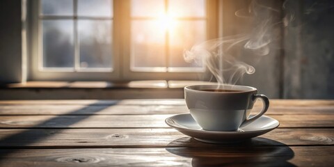Poster - A steaming cup of coffee on a wooden table with sunlight streaming through a window