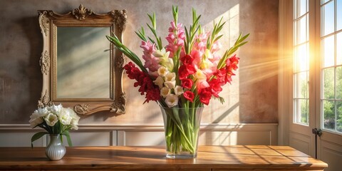 Poster - A Bouquet of Flowers Bathed in Sunlight Through a Window, Displayed on a Table with a Mirror Reflecting the Light