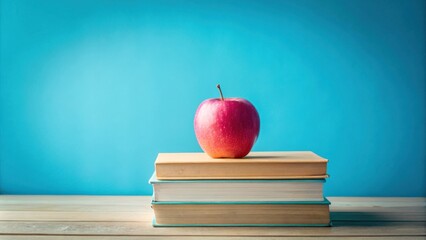 Aufkleber - A red apple sits atop a stack of three books against a bright blue background.