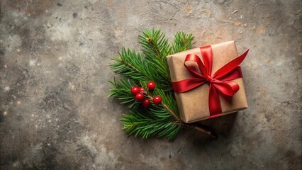Poster - A Rustic Christmas Gift Wrapped in Brown Paper and Adorned with a Vibrant Red Bow, Nestled Amidst Evergreen Sprigs and Festive Red Berries