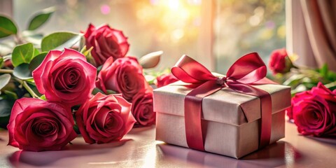 Poster - A romantic gift presented with a bouquet of vibrant red roses, bathed in the warm glow of sunlight streaming through a window.
