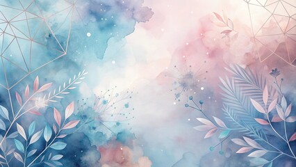 Poster - A watercolor illustration of delicate pastel leaves and branches on a soft blue and pink background with geometric gold accents.