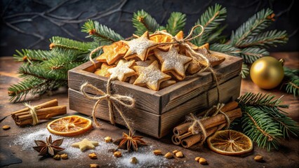 Poster - A Rustic Wooden Box Overflowing with Homemade Star-Shaped Cookies, Decorated with Powdered Sugar and Surrounded by Festive Elements like Cinnamon Sticks, Dried Orange Slices, and Pine Sprigs.