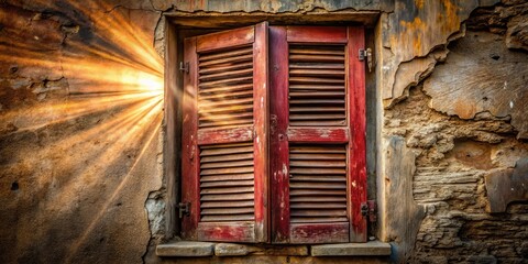 Poster - Rays of light stream through an open window shutter in a weathered stone wall, casting a warm glow on the cracked and worn surface.