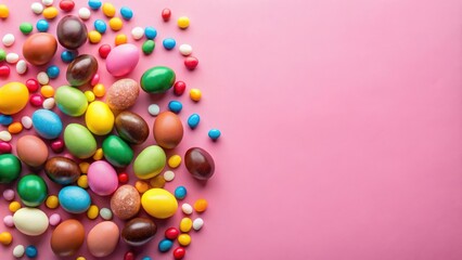 Poster - Colorful Easter eggs and candy on a pink background, perfect for a festive holiday celebration