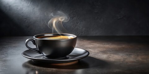 Poster - A steaming cup of coffee on a dark background, with a dramatic light source illuminating the scene