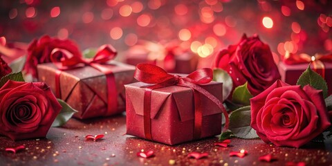 Poster - Red roses and crimson gift boxes with sparkling hearts surrounding them, symbolizing love and celebration