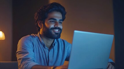 Poster - Night Work: A Smiling Man Uses His Laptop at Night