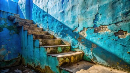 Poster - A weathered stone staircase leading up to a faded blue wall, a shaft of sunlight illuminating the worn steps and highlighting the peeling paint.