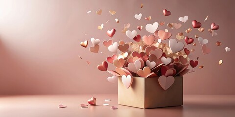 Aufkleber - A cardboard box overflowing with delicate pink, peach, and red hearts bursting out and scattering on a blush colored background