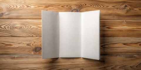 Poster - A blank tri-fold brochure sits on a rustic wooden table, ready to be filled with creative ideas and captivating visuals.
