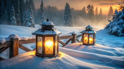 Poster - Two lanterns glowing warmly in the snowy landscape, illuminating the winter scene with a soft, golden light