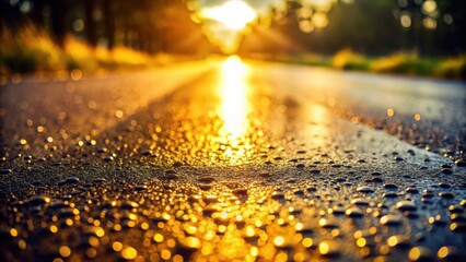 Poster - A close-up view of a wet asphalt road reflecting the golden light of the setting sun, creating a shimmering, almost magical effect.