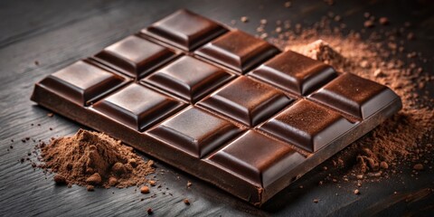Poster - A close-up of a dark chocolate bar with cocoa powder on a dark wooden surface