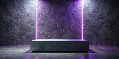Fototapete - A Minimalist Concrete Podium Illuminated by Purple Neon Lights with a Marble Wall in the Background