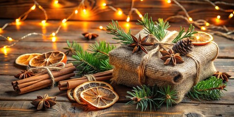 Poster - Rustic Christmas Gift Wrapped in Burlap with Cinnamon Sticks, Star Anise, and Dried Oranges on a Wooden Background with Twinkling Lights