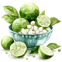 Canvas Print - Watercolor Painting of Limes and Jasmine Blossoms in a Teal Bowl.