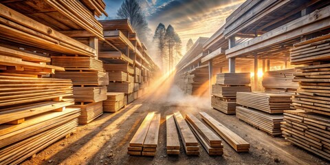 Poster - A row of stacked wooden planks in a lumberyard, bathed in the golden glow of the setting sun, creating a dramatic and picturesque scene.