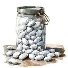 Wall Mural - A watercolor illustration of a glass jar filled with white beans, spilling onto a wooden surface.