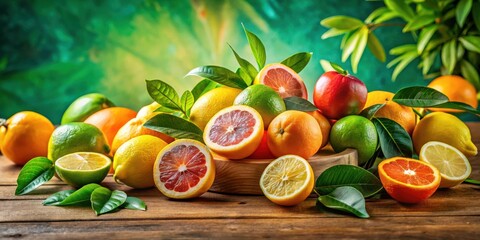 Aufkleber - A Fresh and Vibrant Display of Citrus Fruits with Lush Green Foliage on a Wooden Surface