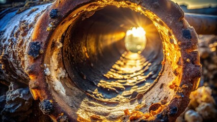 Poster - A glimpse of sunlight shining through the worn and weathered opening of a rusted pipe, illuminating the inner surface with a golden glow.