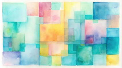 Poster - Abstract Watercolor Composition with Overlapping Squares in Vibrant Hues