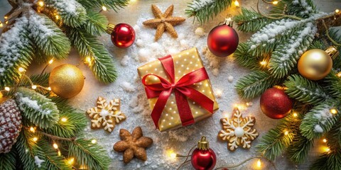 Poster - A festive arrangement of Christmas ornaments, evergreen branches, sparkling lights, and gingerbread cookies, creating a whimsical winter wonderland scene.