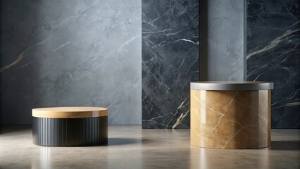 Poster - Minimalist display featuring two cylindrical podiums with contrasting textures and a backdrop of grey, black, and beige marble