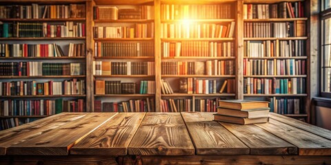 Poster - A Wooden Table With Books in Front of a Bookcase Full of Books, Bathed in Warm Sunlight