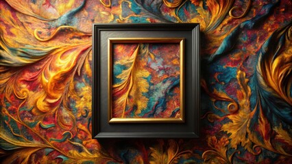 Poster - A classic black frame with a gold inner lip encases a blank canvas, set against a backdrop of rich, swirling patterns in tones of gold, red, and blue.