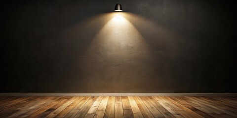 Poster - A Spotlight Illuminates a Blank Canvas of a Concrete Wall with a Warm Wooden Floor