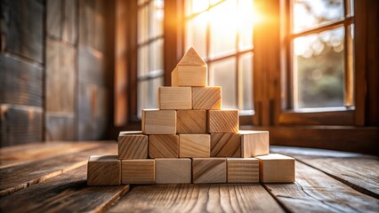 Aufkleber - Wooden blocks arranged in a pyramid shape with a warm, sunlit window in the background