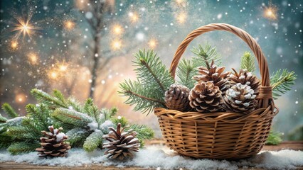 Poster - Wicker Basket Filled with Pine Cones and Evergreen Branches, Adorned with a Light Snowfall Against a Background of Sparkling Lights