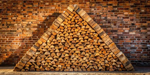 Aufkleber - A symmetrical triangular stack of firewood leans against a brick wall, casting a warm glow on the ground