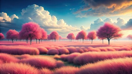 Poster - A Tranquil Meadow Bathed in the Golden Hues of a Dreamy Sunset, with a Line of Silhouetted Pink Trees in the Distance