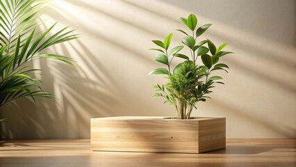 Aufkleber - A minimalistic wooden planter with a green plant and a single leafy branch casting shadows in the sunlight